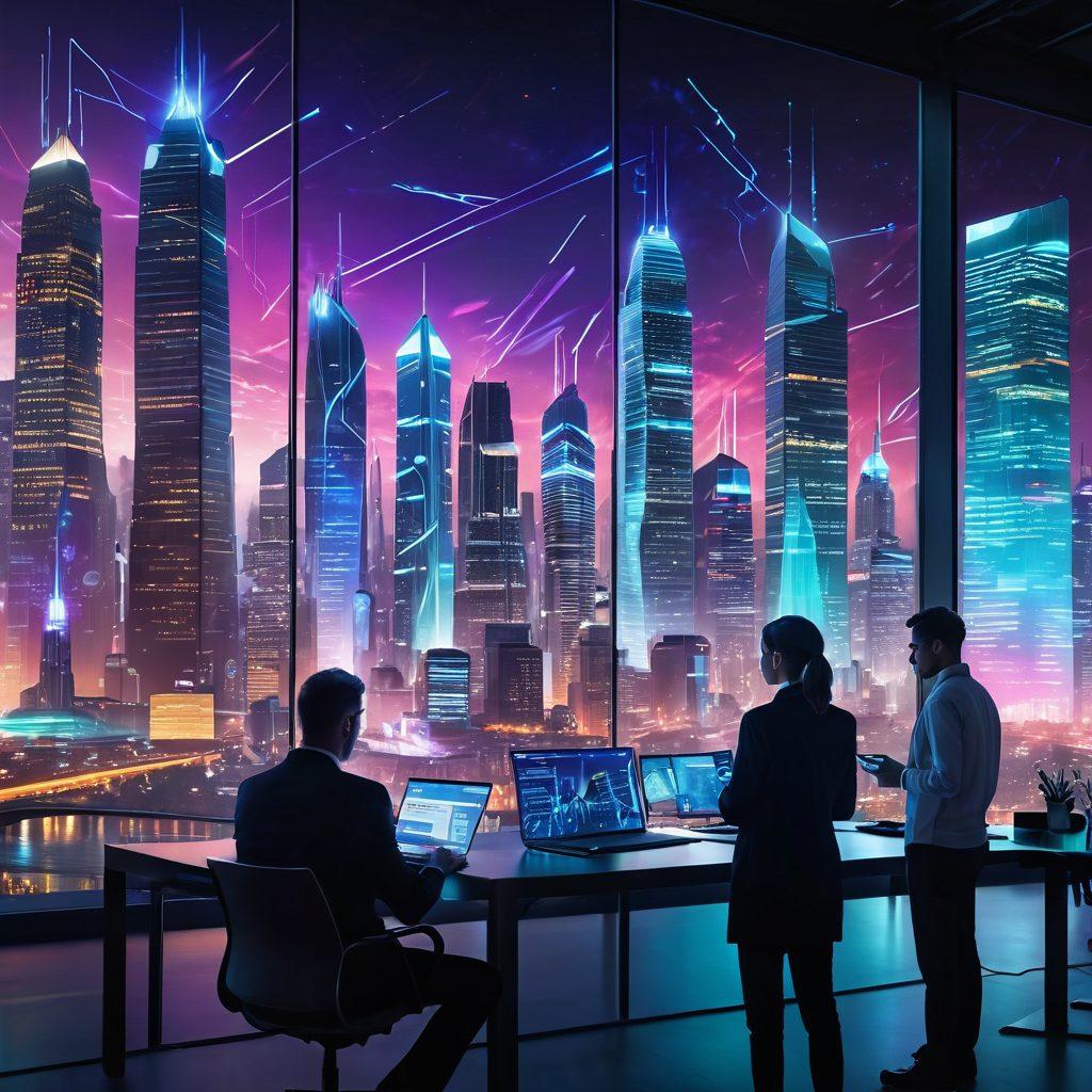 A futuristic city skyline at dusk, with vibrant holographic graphs and charts floating above the buildings, symbolizing data analysis and progress. In the foreground, diverse professionals engage in discussion, igniting the theme of actionable insights. Soft wisps of data streams weave through the scene, connecting the people and technology. The atmosphere conveys innovation and collaboration. cyberpunk. vibrant colors. super-realistic.