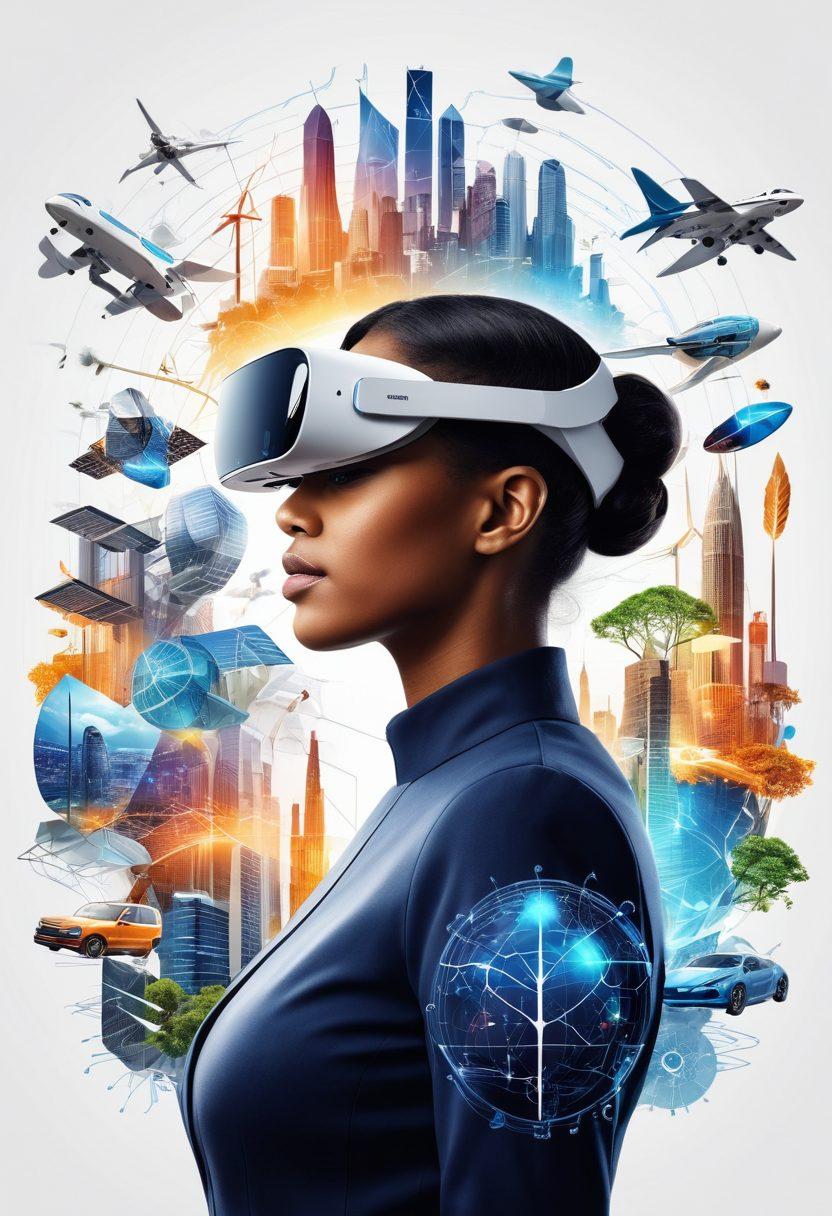A dynamic collage showcasing various innovative technologies like AI, renewable energy, and virtual reality reshaping the world. Include diverse people interacting with these technologies in an urban futuristic setting, with arrows and graphs subtly hinting at trends and transformations. Bright and bold colors to convey a sense of excitement and evolution. super-realistic. vibrant colors. white background.