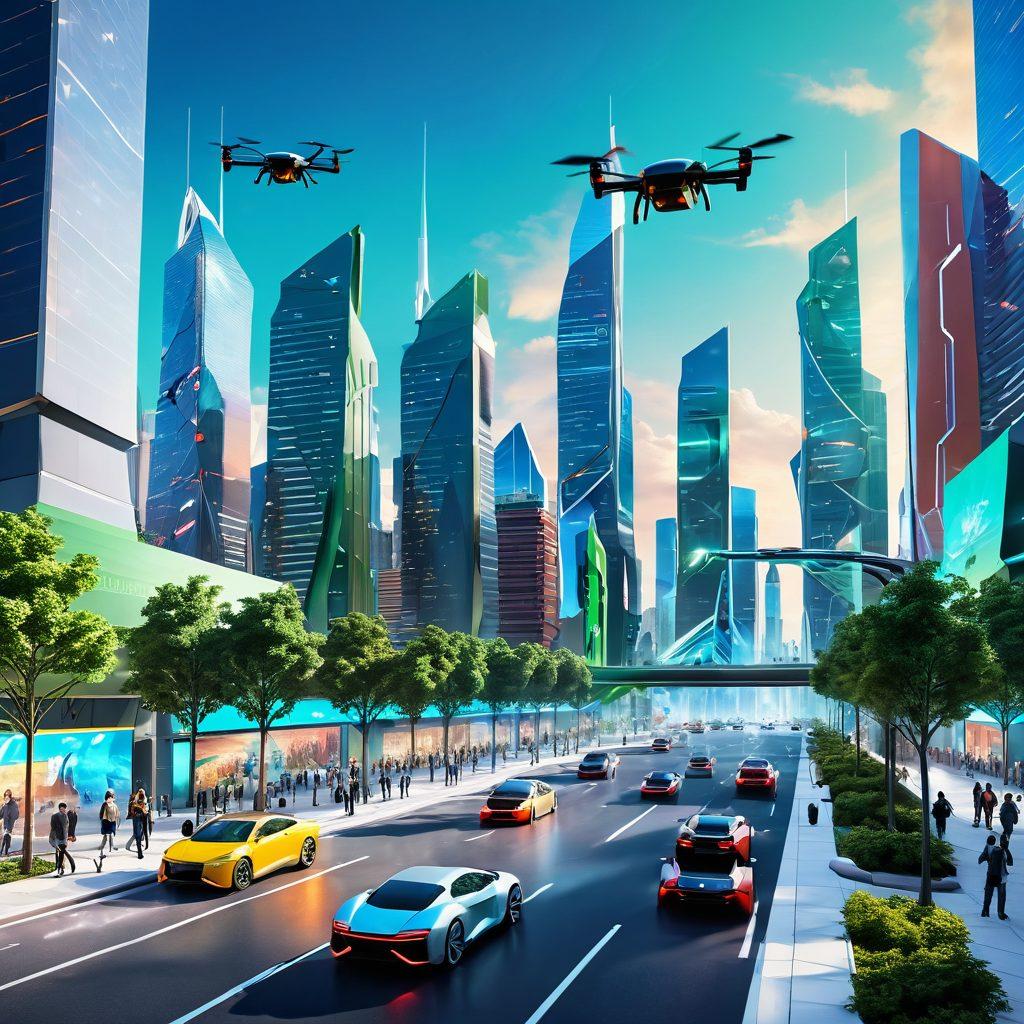 A futuristic cityscape showcasing advanced technology innovations, with people engaging in smart interactions. Include vibrant holographic displays, electric vehicles, and green architecture blending with nature. The sky is filled with drones and flying vehicles, emphasizing progress and innovation. The scene conveys a sense of excitement and possibility within a dynamic urban landscape. super-realistic. vibrant colors. 3D.
